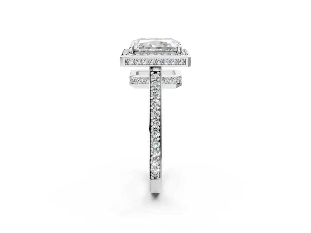Radiant Cut Halo Pave Band Solitaire Ring with Prong Setting Platinum