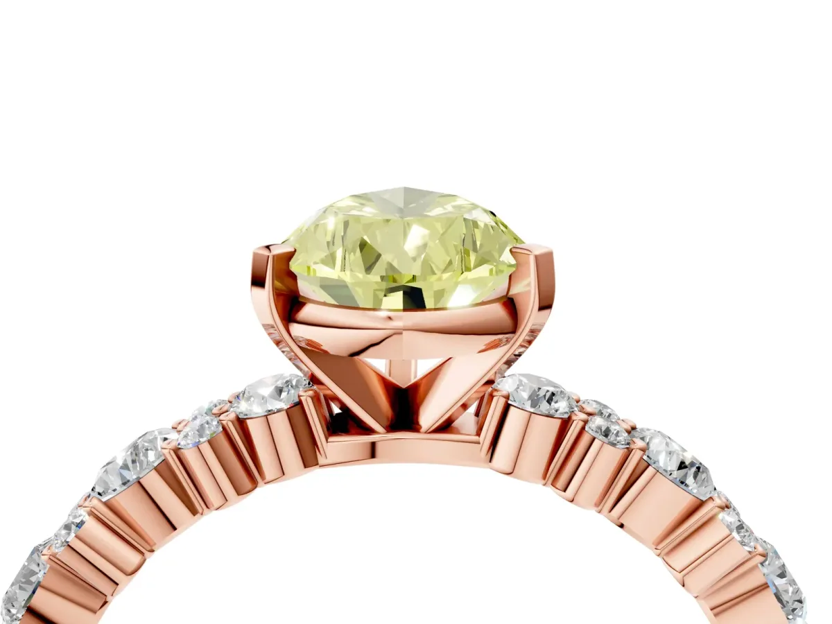 Fancy Yellow Pear Cut Diamond Side Stone Solitaire Ring with Round and Four-Prong Setting Rose gold