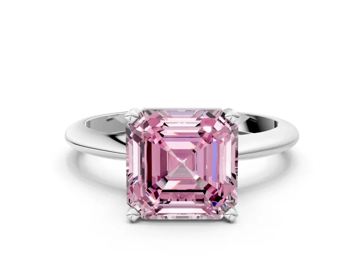 Fancy Pink Asscher Cut Cut Solitaire Ring with Four-Prong Setting on a Classic Band Platinum