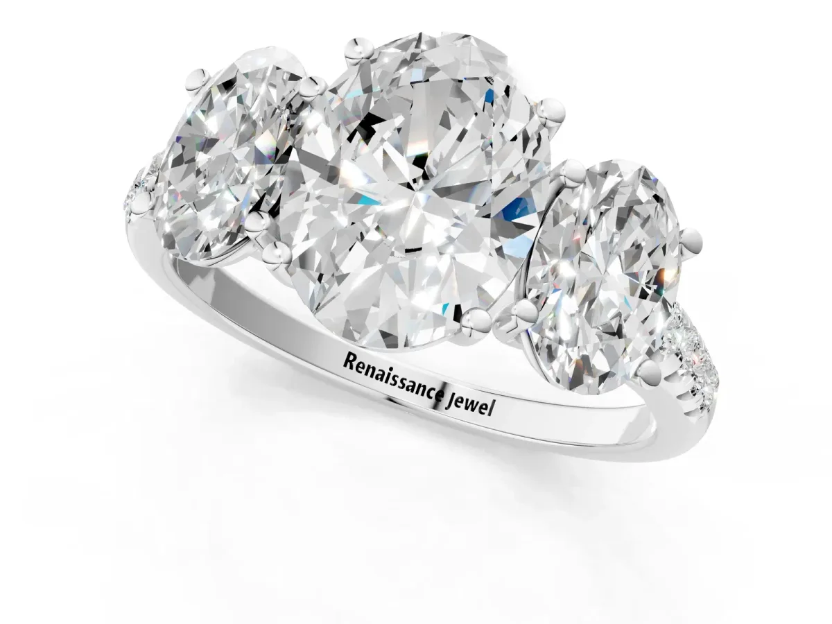Three-Stone Oval Cut Diamond Ring with Round Moissanite Pavé Band and Prong Setting Silver