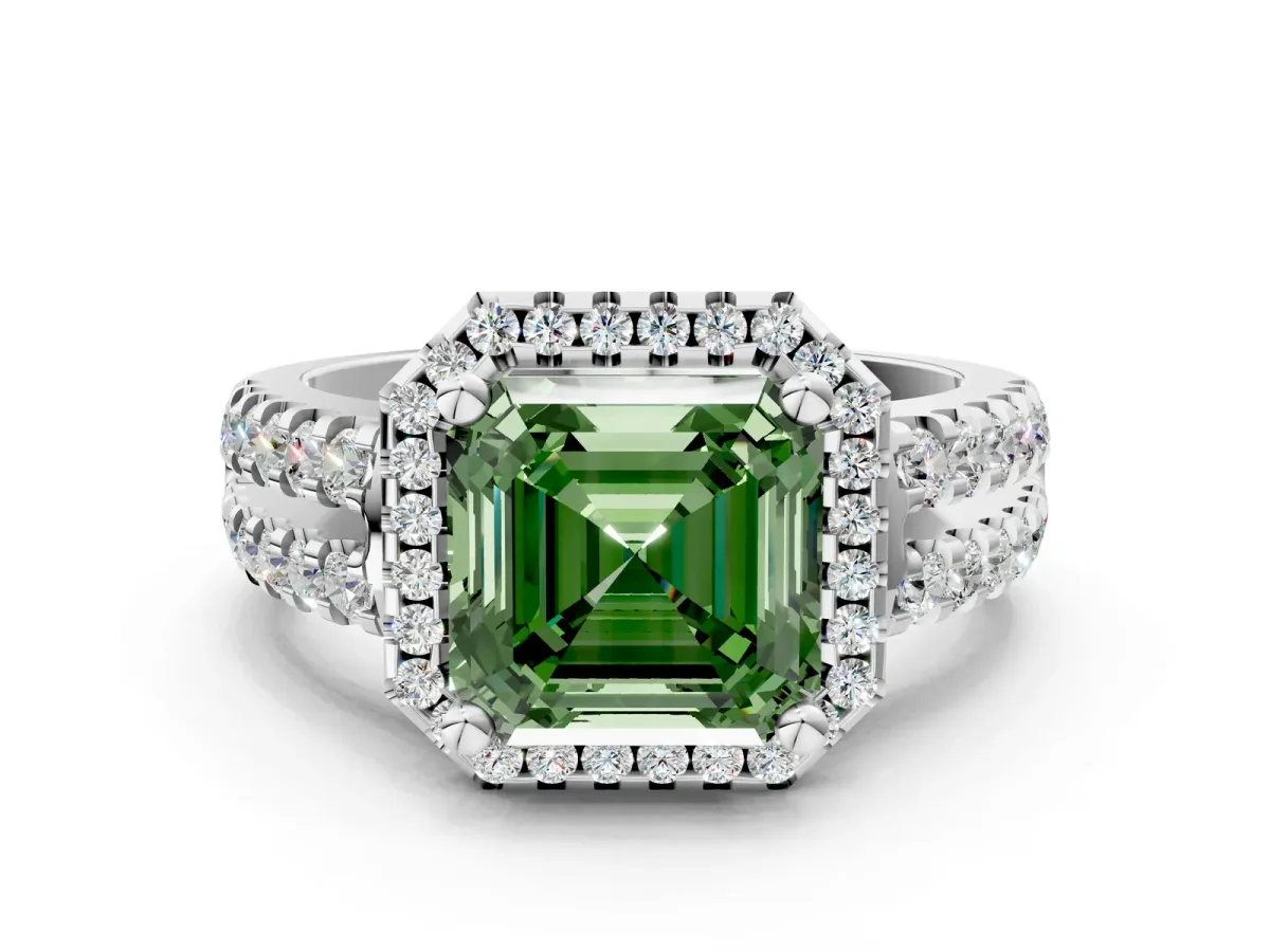 Fancy Green Asscher Cut Halo Diamond Split Shank Engagement Ring with Prong Setting Platinum