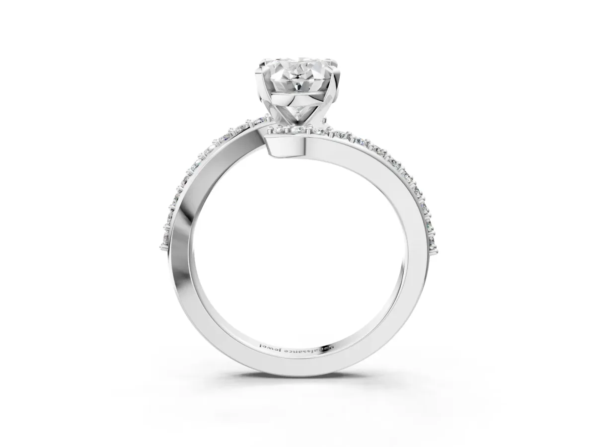Oval Cut Solitaire Twist Band with Pave Set Diamonds and Four-Prong Setting Platinum