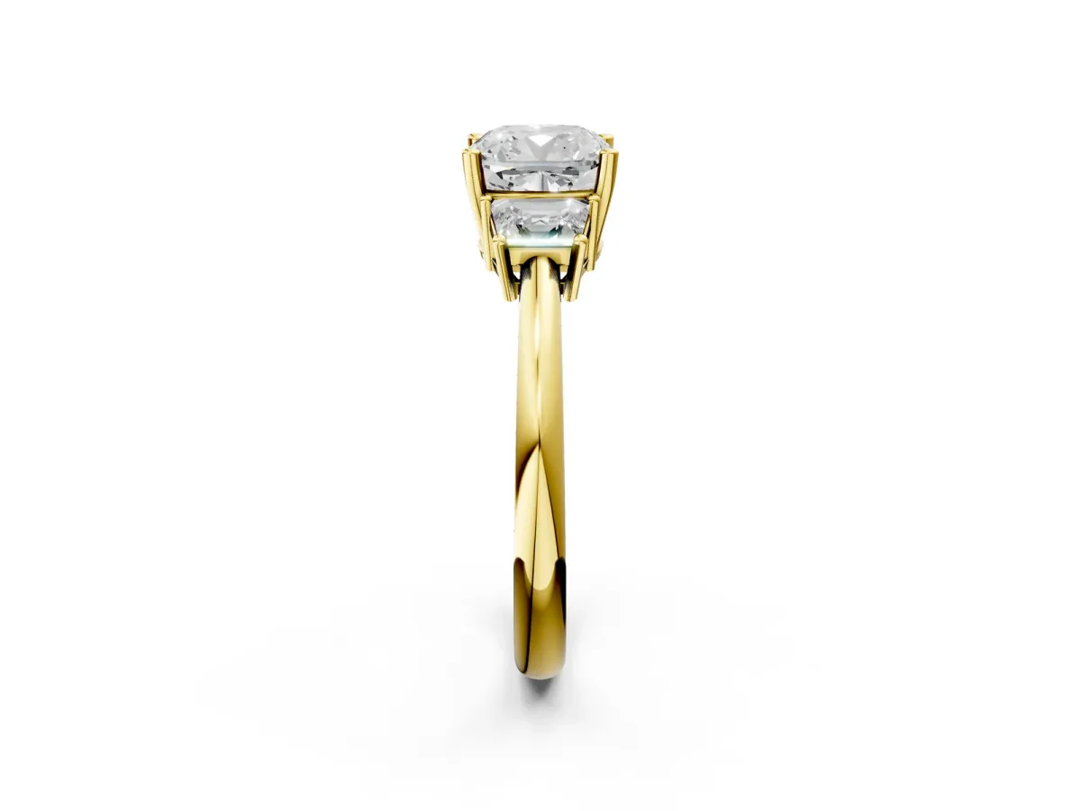 Cushion Cut Diamond Three-Stone Ring with Trapezoid Side Stones and Prong Setting Yellow gold