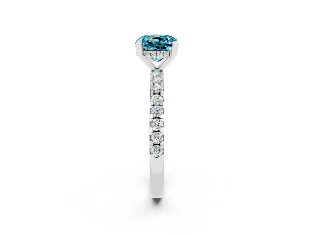 Cushion Cut Blue Topaz Solitaire Ring with Round Pavé Band and Four-Prong Setting Silver
