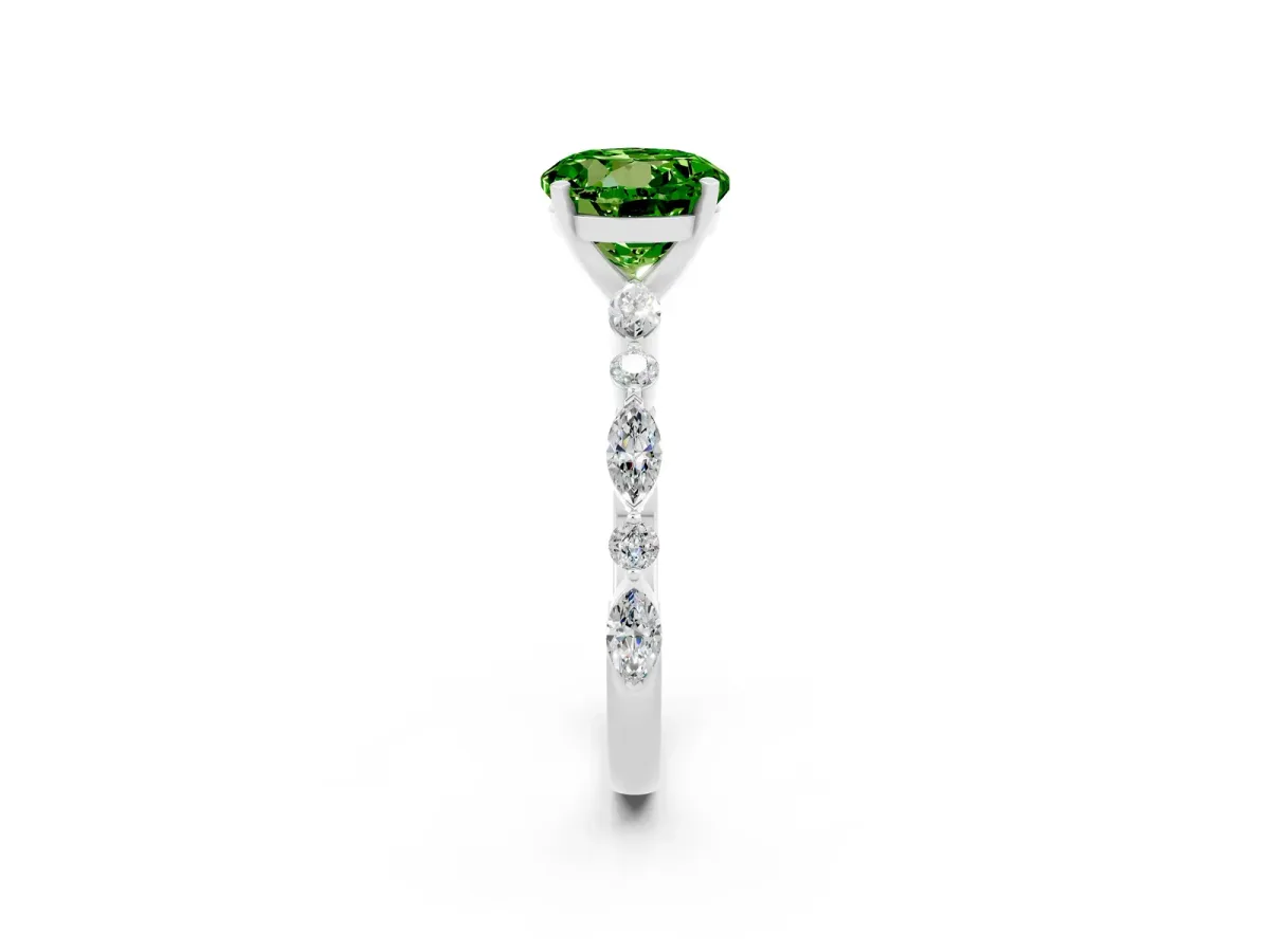 Round Cut Peridot Ring with Marquise and Round Side Stones and Four-Prong Setting Silver