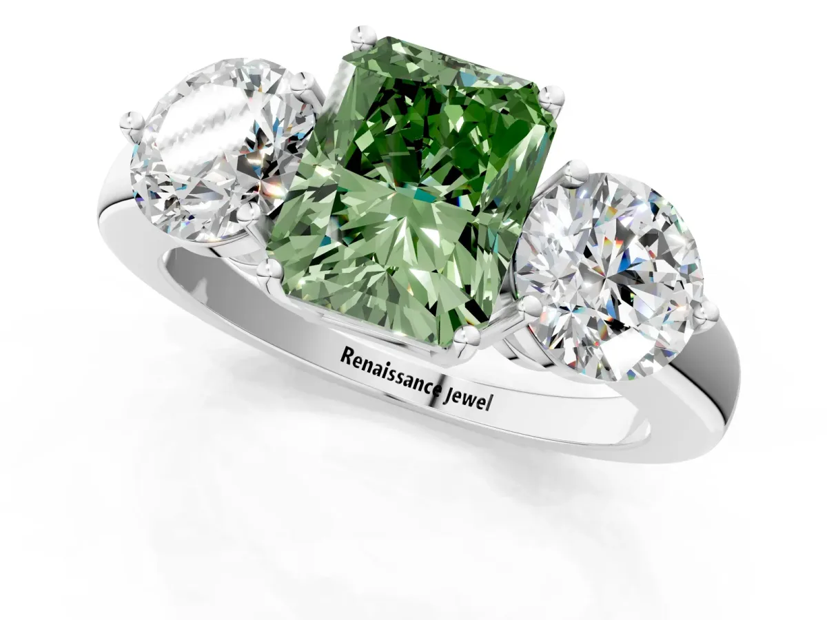 Fancy Green Radiant Cut Diamond Three-Stone Ring with Prong Setting and Classic Band Platinum