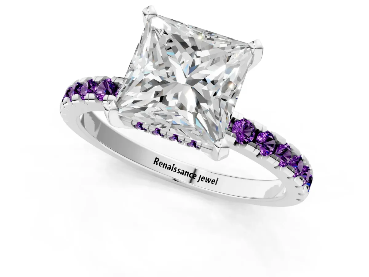 Princess Cut Diamond Solitaire Ring with Round Amethyst Pavé Band and Four-Prong Setting Silver