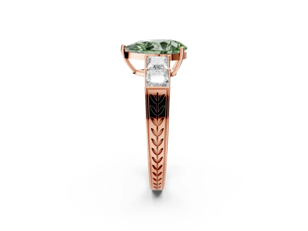 Fancy Green Pear Cut Solitaire Princess Side Stone Engraved Band Prong Setting Ring Rose gold