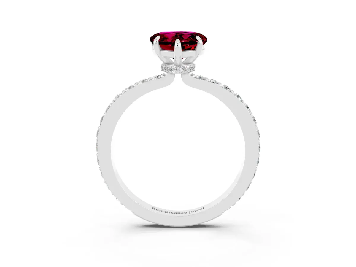 Heart Cut Garnet Solitaire Engagement Ring with Pavé Band and Four-Prong Setting Silver