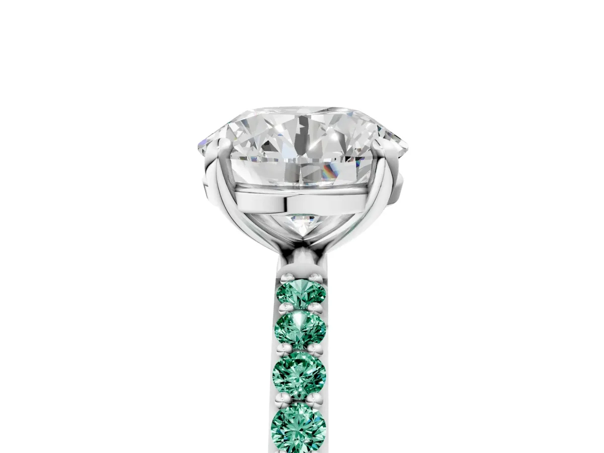 Round Cut Diamond Solitaire Ring with Round Green Sapphire Pavé Band and Prong Setting Silver