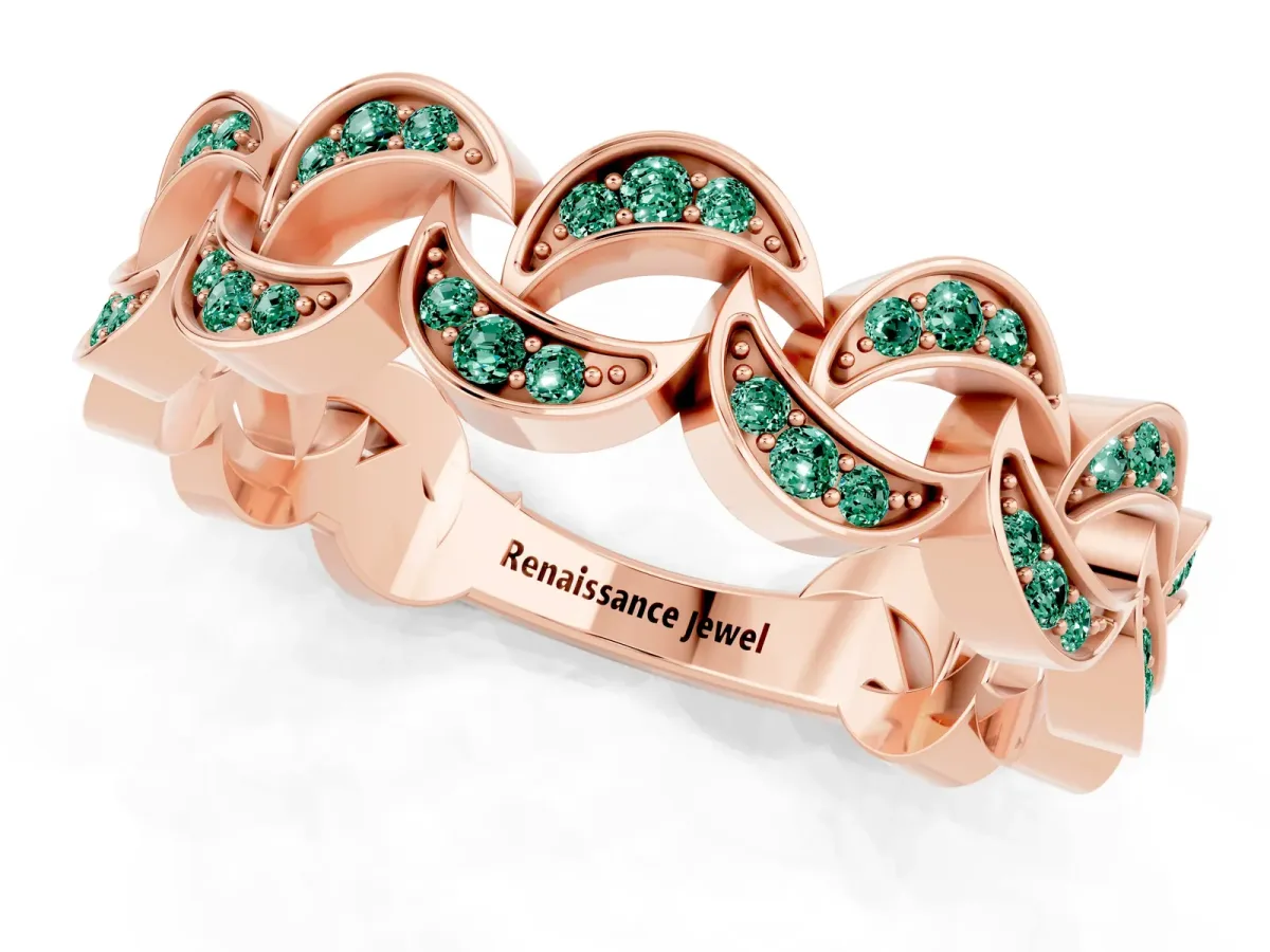 Pavé Round Green Sapphire Interlocking Eternity Band with Bezel Prong Setting Rose gold