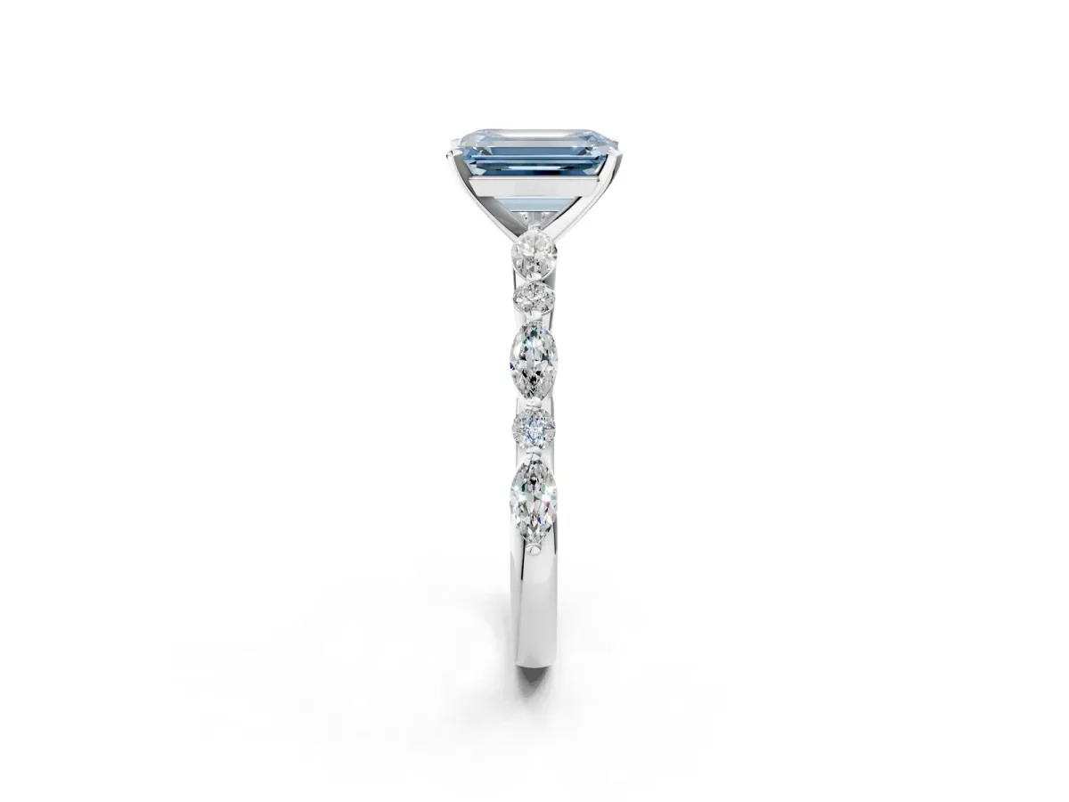 Fancy Blue Emerald Cut Diamond Ring with Marquise and Round Side Stones and Four-Prong Setting Silver