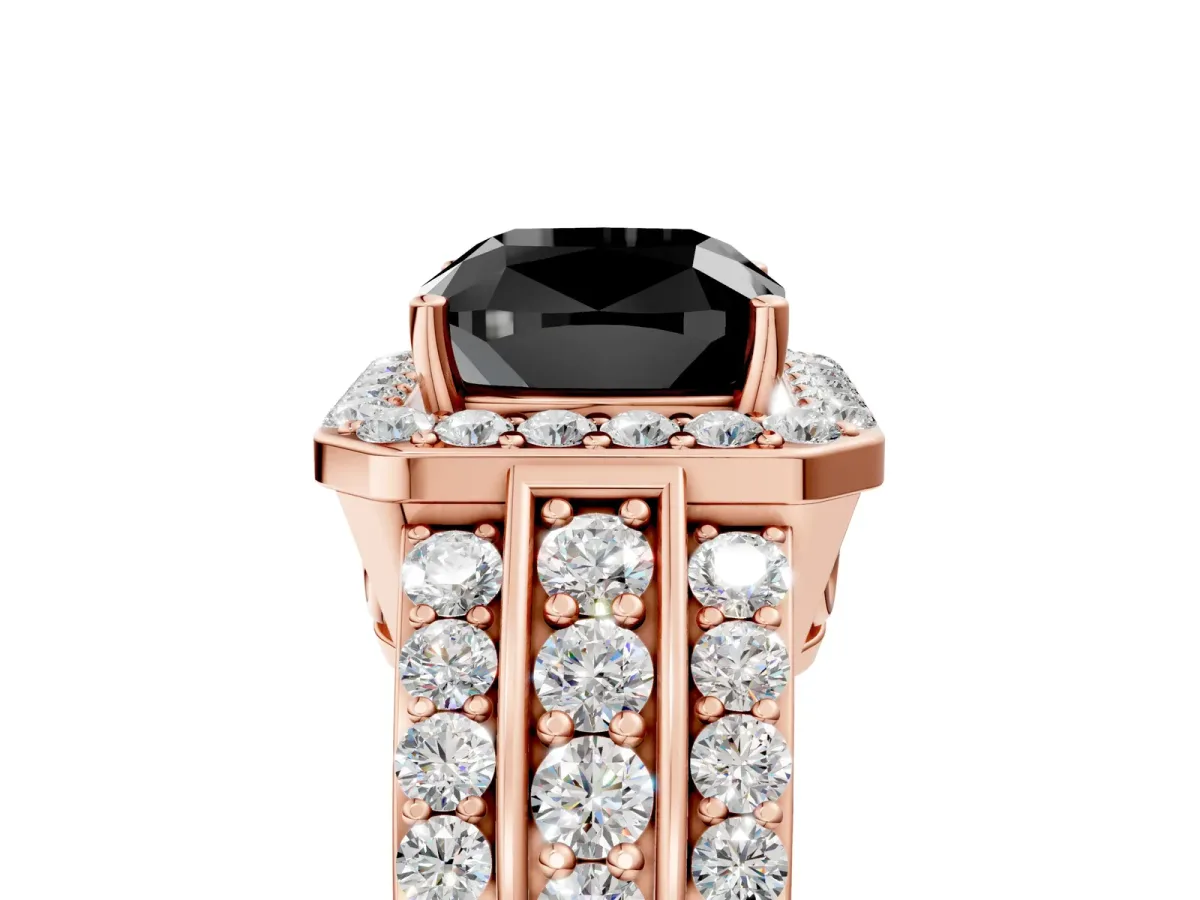 Fancy Black Cushion Cut Halo Diamond Ring with Round Split Shank and Prong Setting Rose gold