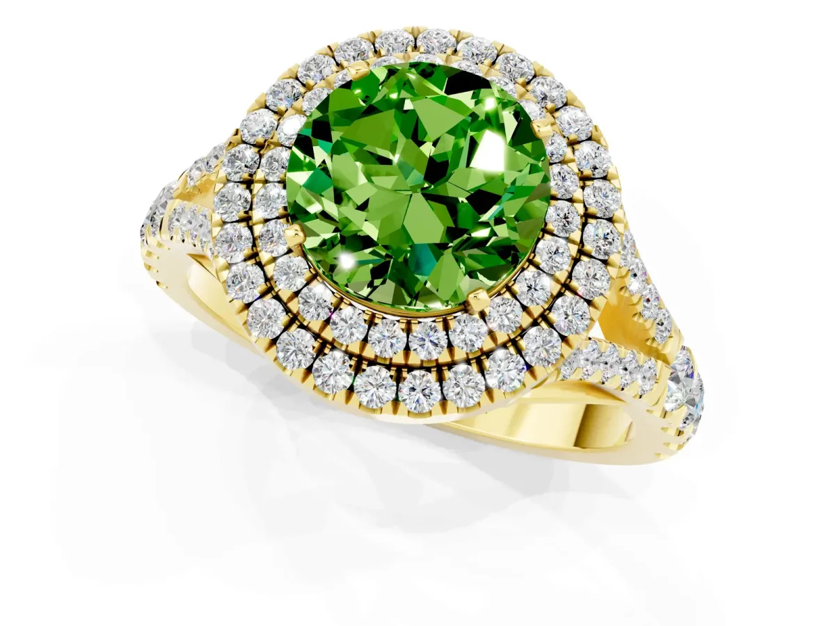 Round Cut Peridot Double Halo Ring with Split Shank and Prong Setting Yellow gold
