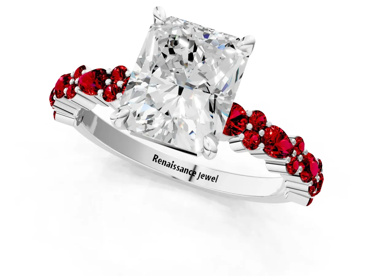 Radiant Cut Diamond Side Stone Solitaire Ring with Round Ruby and Four-Prong Setting Platinum