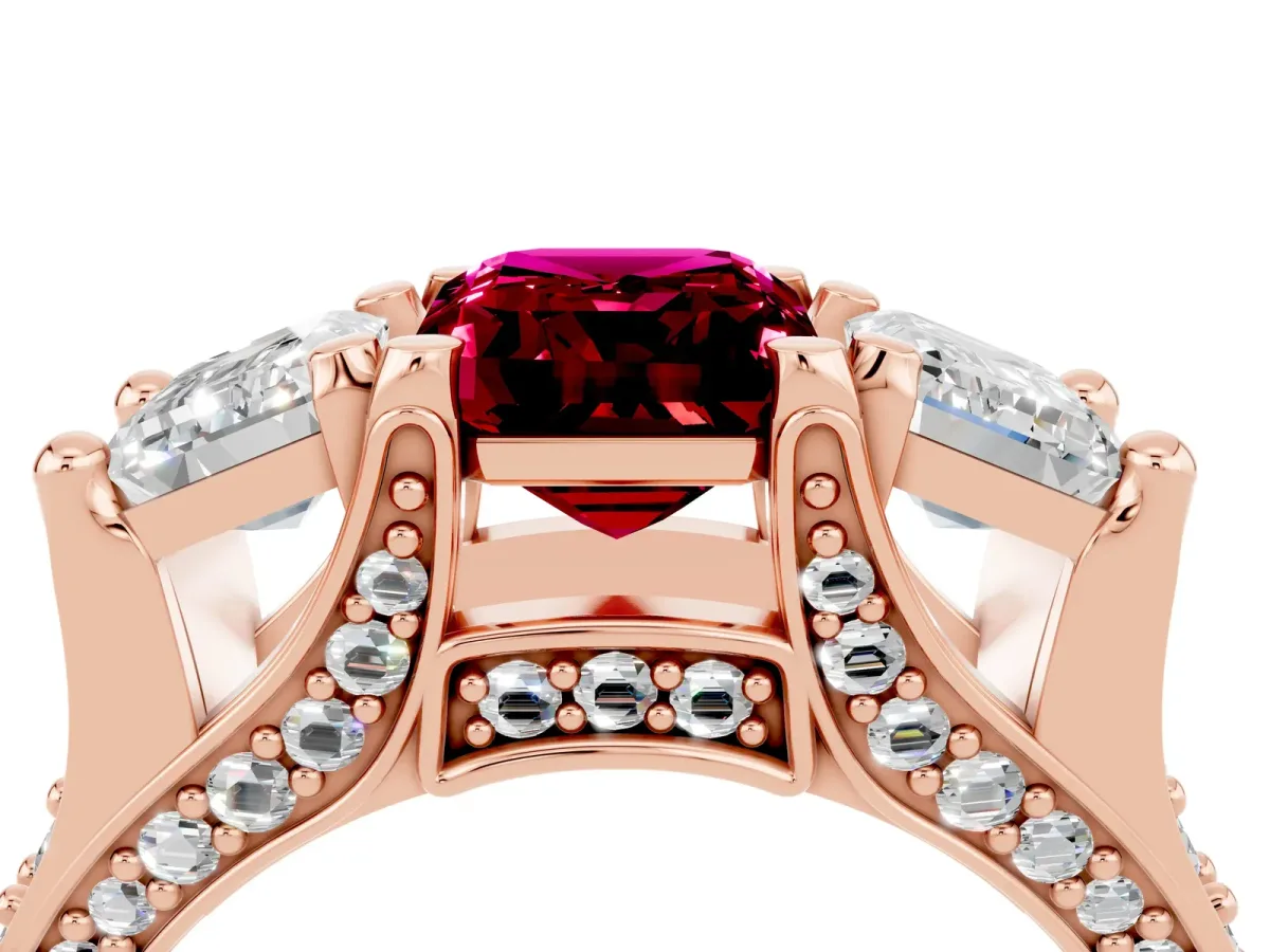 Emerald Cut Garnet Three-Stone Ring with Channel Set Band and Four-Prong Setting Rose gold