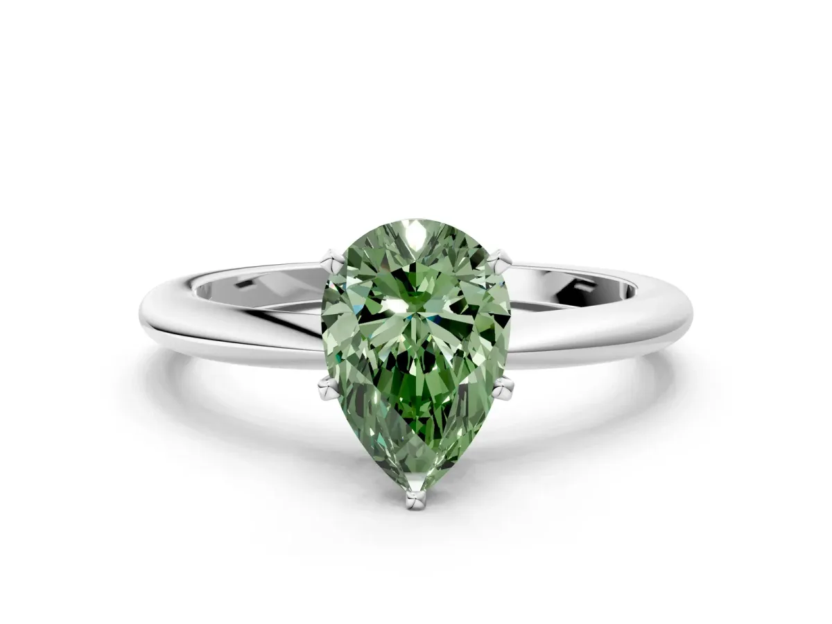 Fancy Green Pear Cut Diamond Solitaire Ring with Six-Prong Setting and Classic Band Silver