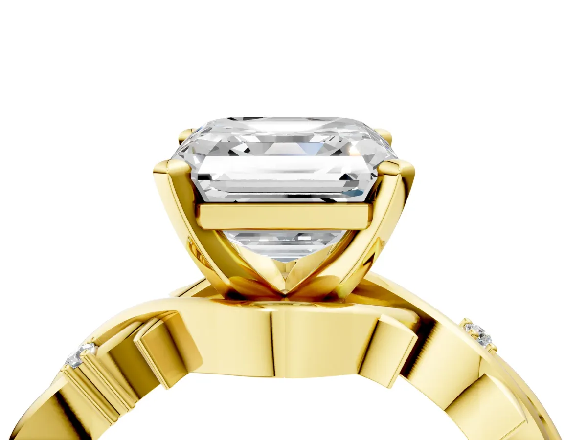 Asscher Cut Diamond Solitaire Ring with Twisted Band and Prong Setting Yellow gold