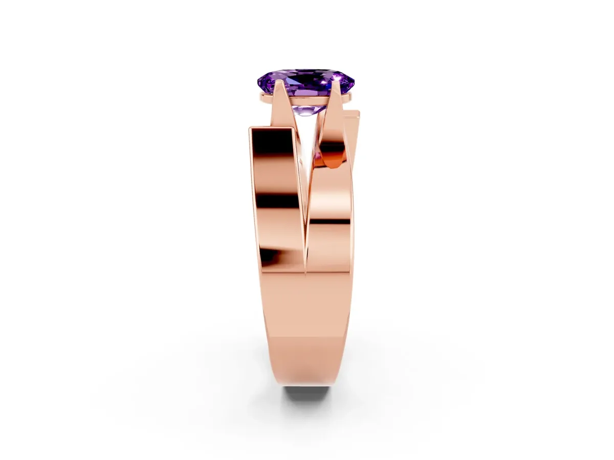 Modern Tension Set Oval Cut Amethyst Solitaire Wide Band Ring Rose gold