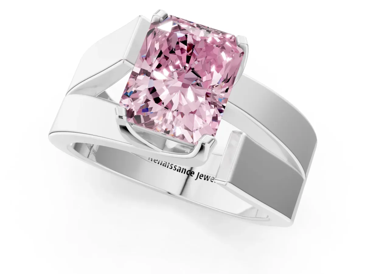 Fancy Pink Modern Tension Set Radiant Cut Diamond Solitaire Wide Band Ring Silver