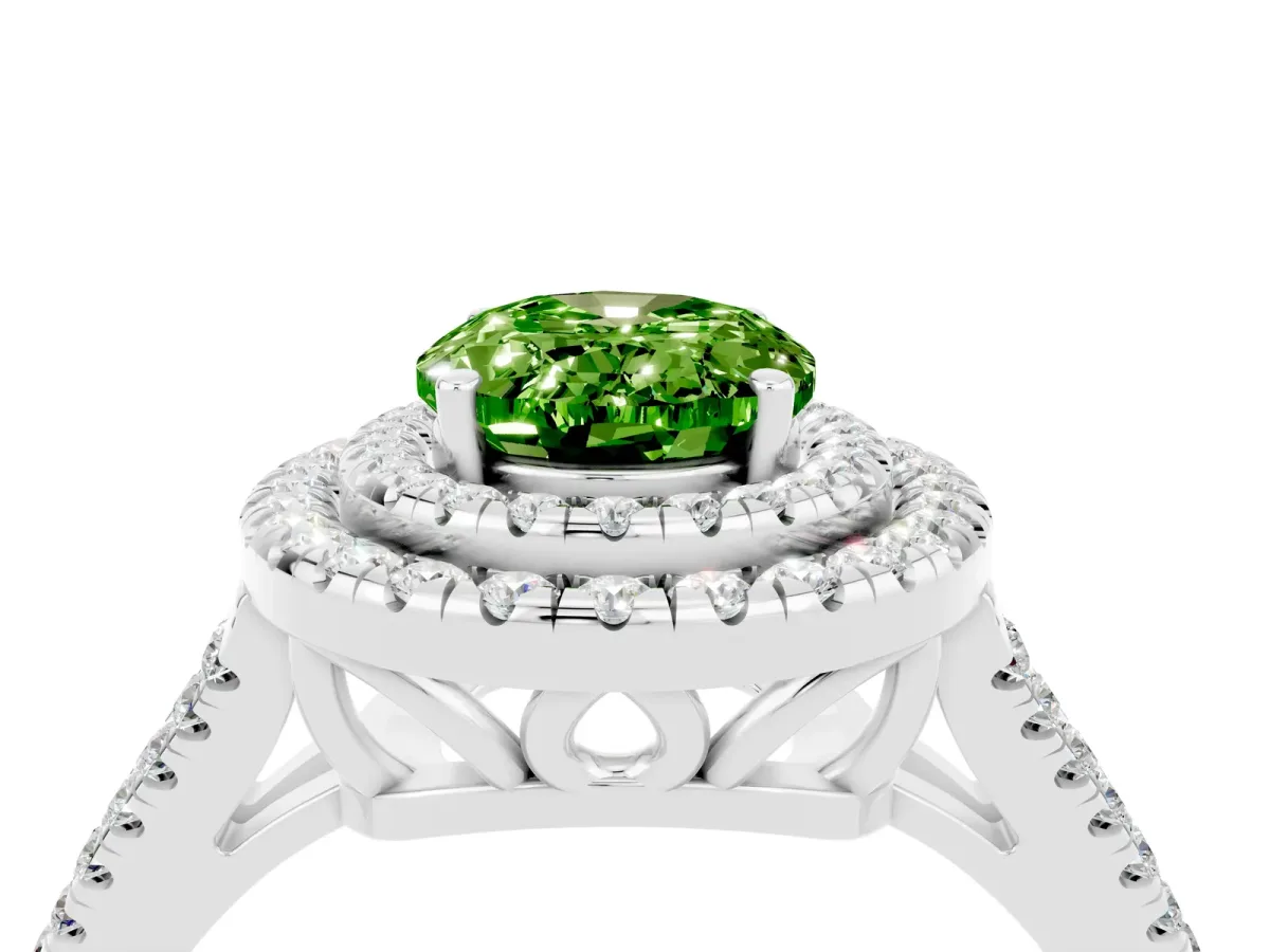 Oval Cut Peridot Double Halo Ring with Pavé Band and Prong Setting Silver