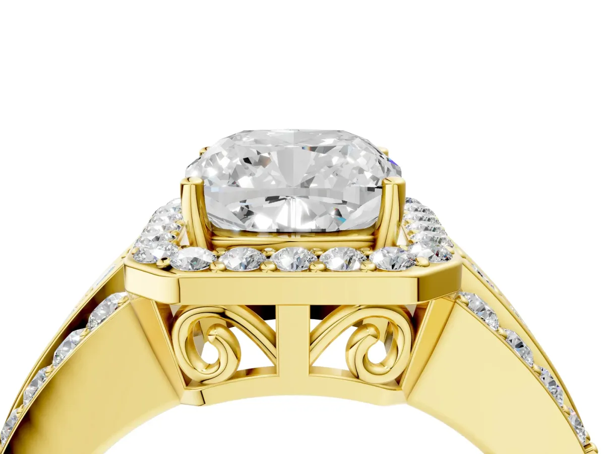 Cushion Cut Halo Diamond Ring with Round Split Shank and Prong Setting Yellow gold