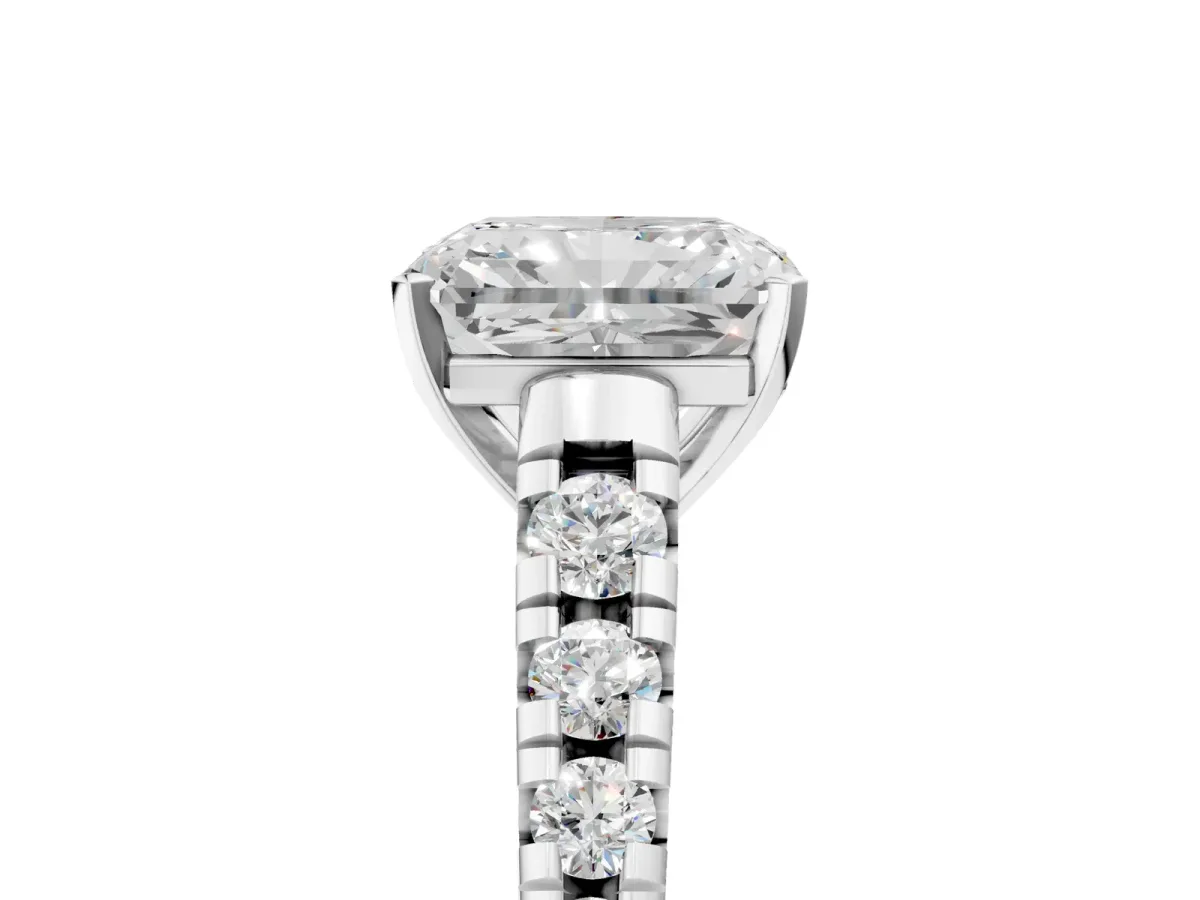 Radiant Cut Diamond Cathedral Solitaire Ring with Round Moissanite Pavé Band Silver