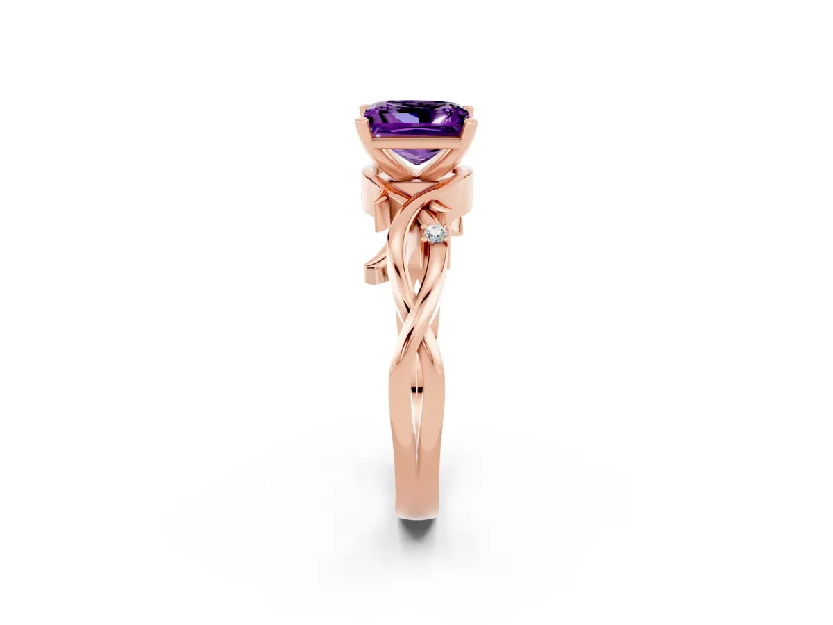 Princess Cut Amethyst Solitaire Ring with Twisted Band and Prong Setting Rose gold