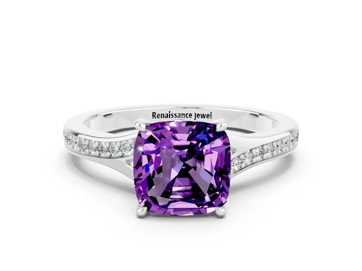 Cushion Cut Amethyst Solitaire Ring with Pavé Band and Prong Setting Silver