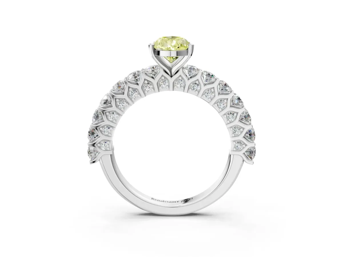 Fancy Yellow Pear Cut Diamond Solitaire Ring with Shared Prong Pavé Band and Four-Prong Setting Silver