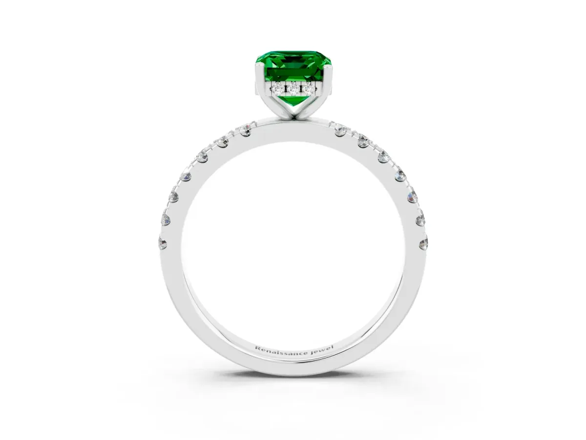 Emerald Cut Emerald Pave Band Solitaire Ring with Round and Prong Setting Platinum
