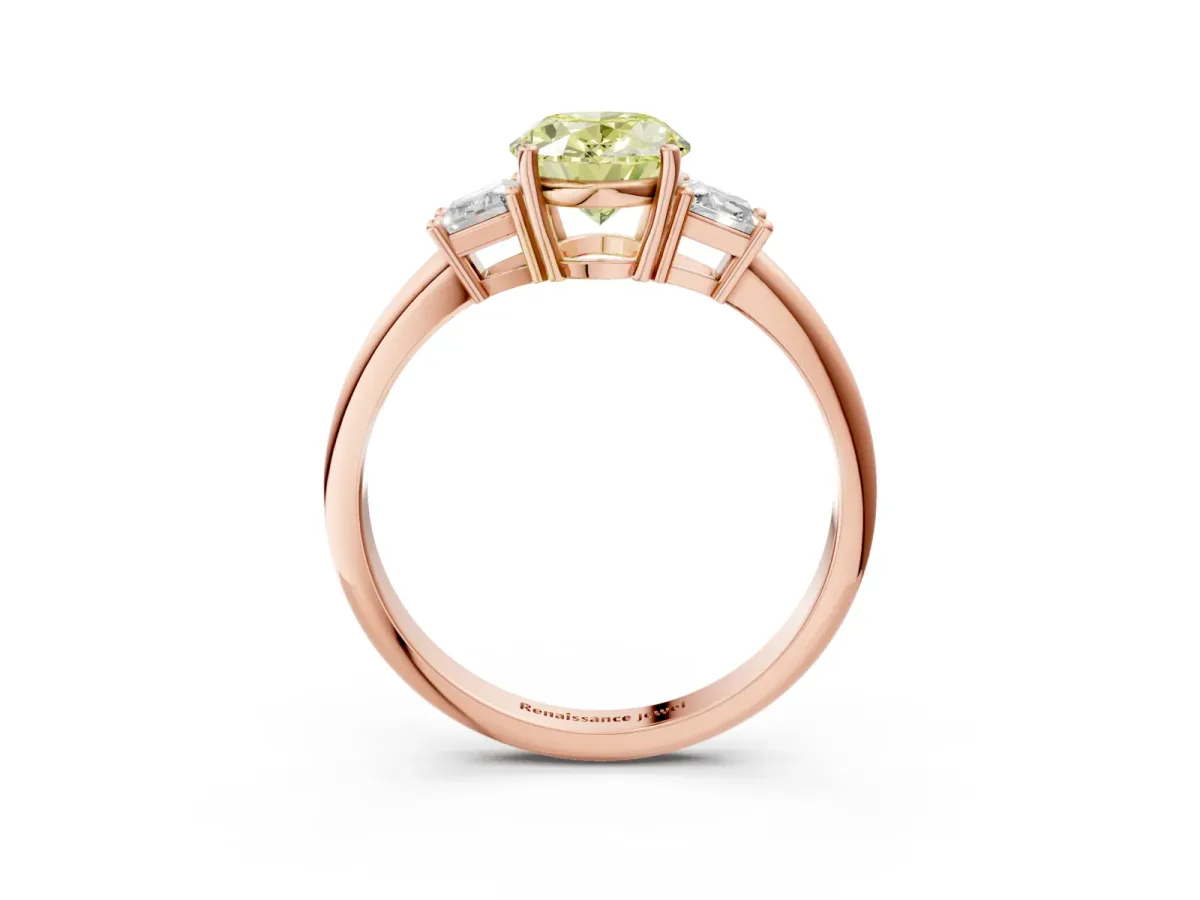 Fancy Yellow Oval Cut Diamond Three-Stone Ring with Trapezoid Side Stones and Prong Setting Rose gold