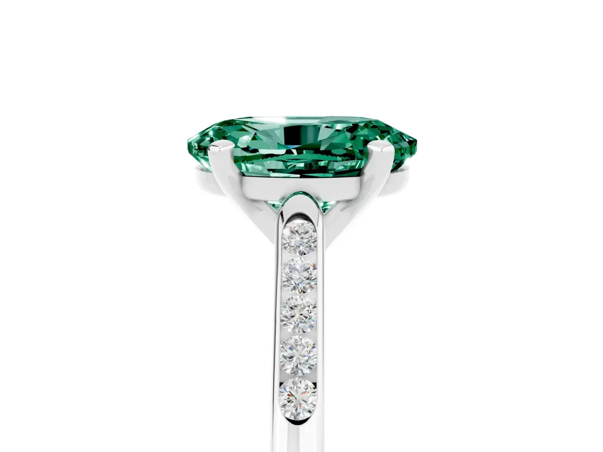 Oval Cut Green Sapphire Solitaire Ring with Channel Set Round Band and Prong Setting Silver