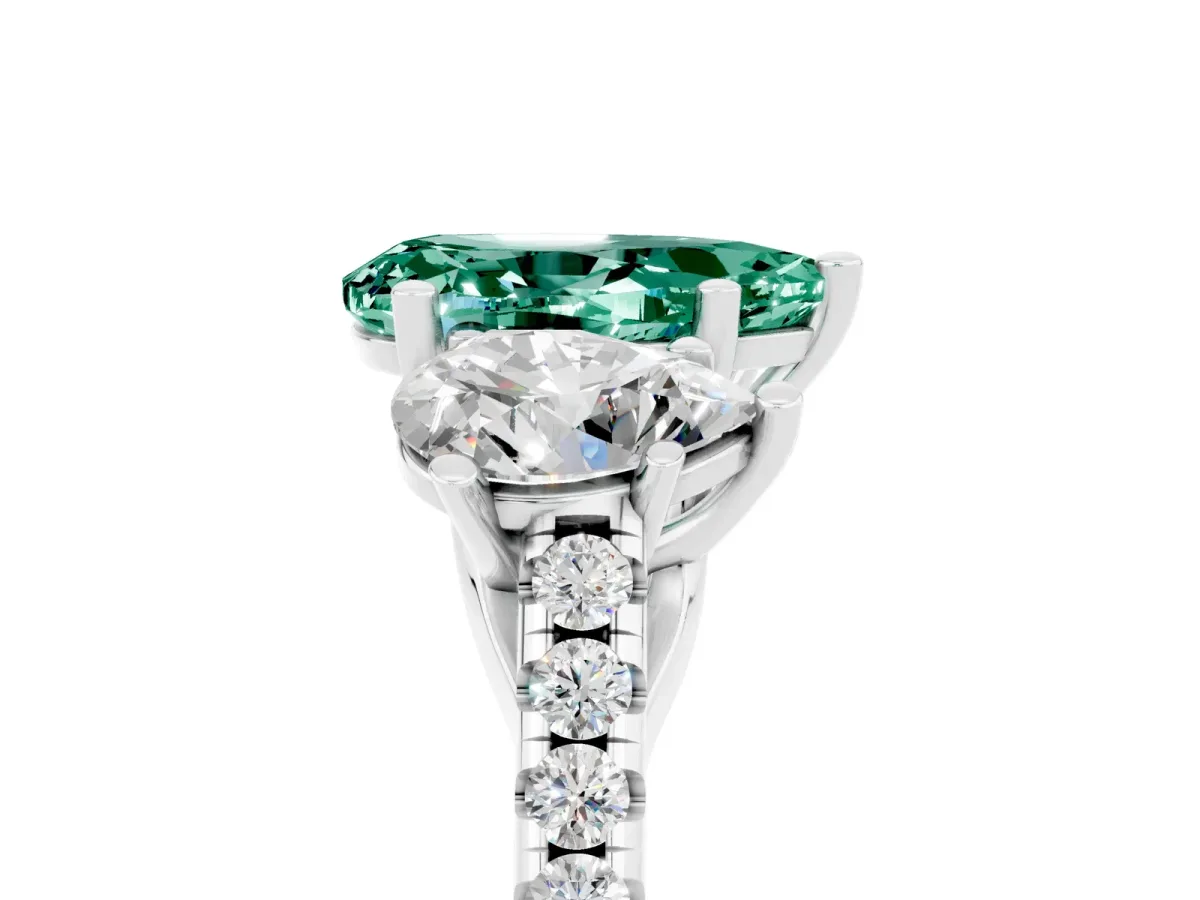 Three-Stone Pear Cut Green Sapphire Ring with Round Pavé Band and Prong Setting Silver