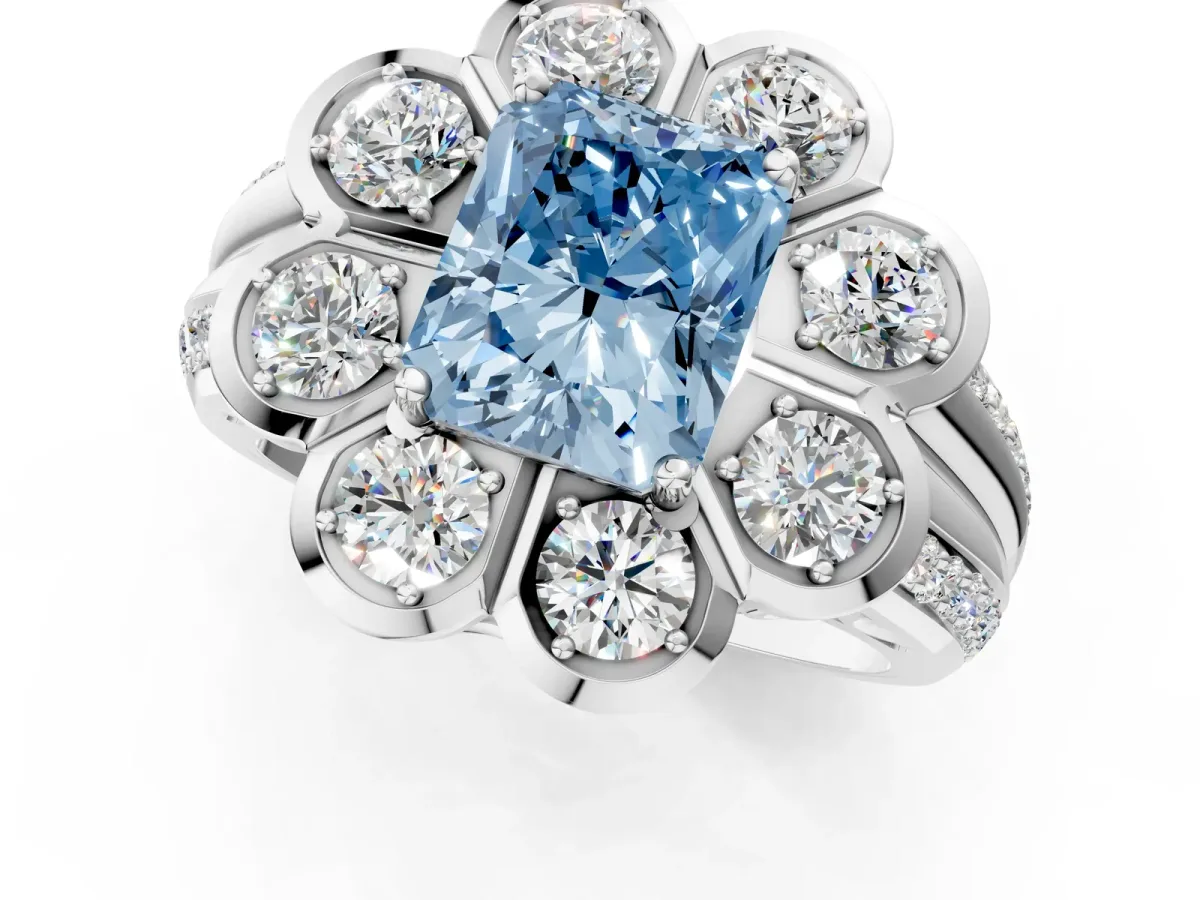 Fancy Blue Radiant Cut Brilliant Flower Halo Diamond Split Shank Ring Platinum
