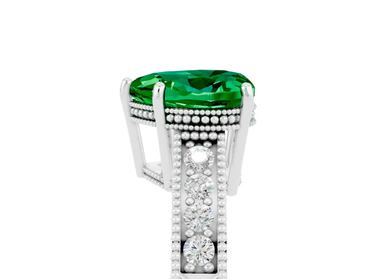 Heart Cut Emerald Ring with Milgrain Pavé Band and Four-Prong Setting Platinum