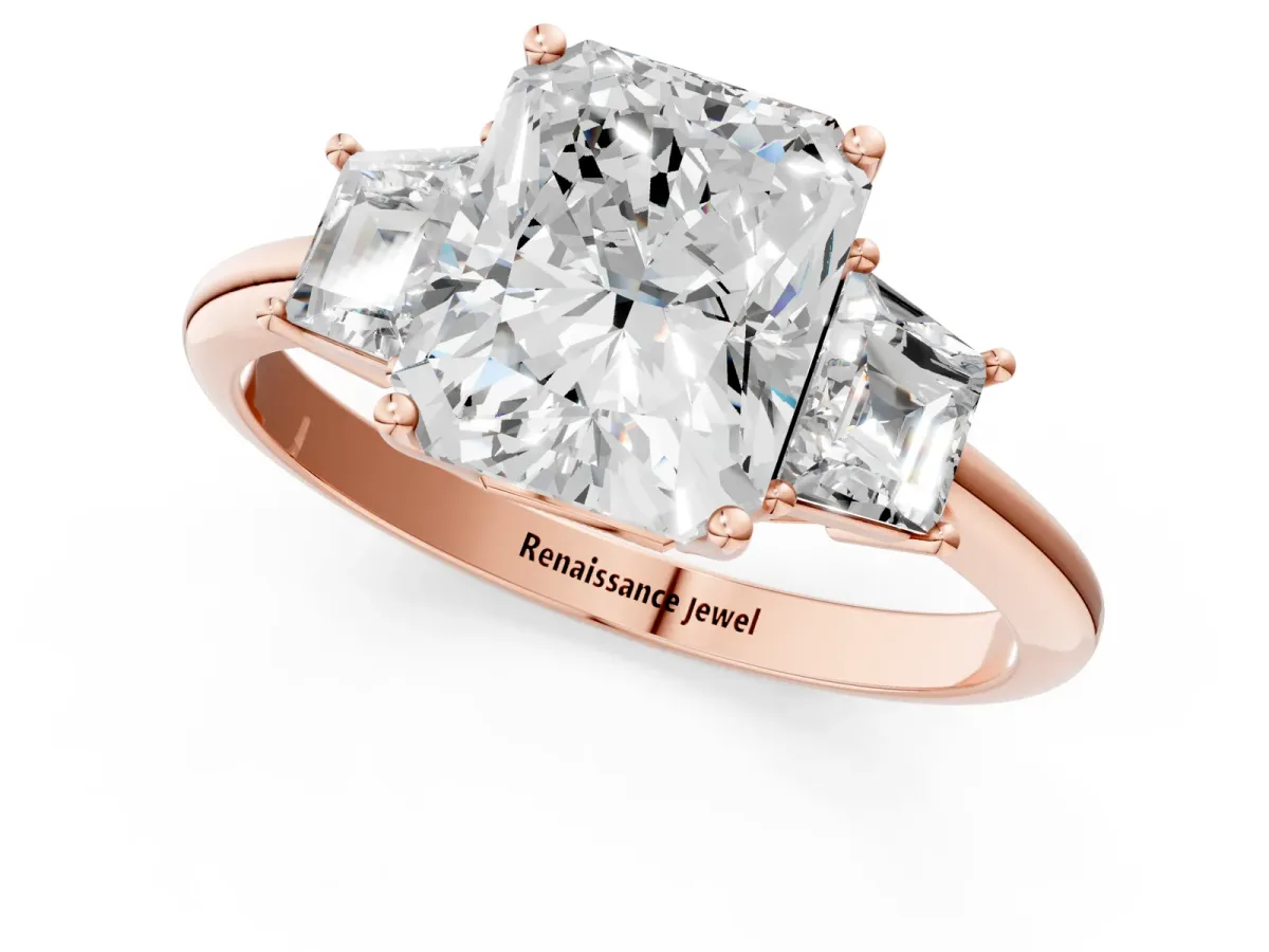 Radiant Cut Diamond Three-Stone Ring with Trapezoid Side Stones and Prong Setting Rose gold