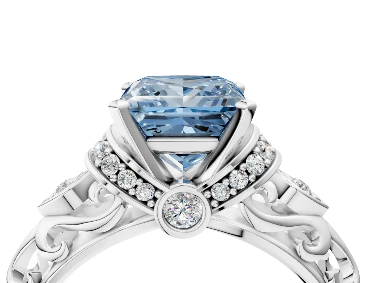 Fancy Blue Princess Cut Diamond Solitaire Ring with Filigree Band and Four-Prong Setting Silver