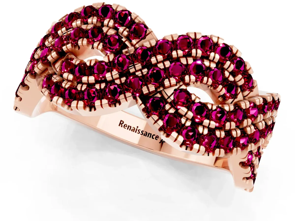 Pavé Round Garnet Infinity Twist Band with Shared Prong Setting Rose gold