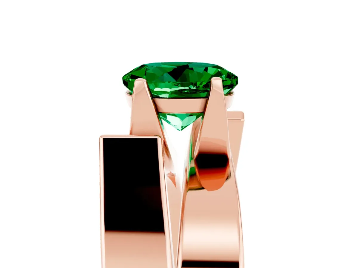 Modern Tension Set Round Cut Emerald Solitaire Wide Band Ring Rose gold