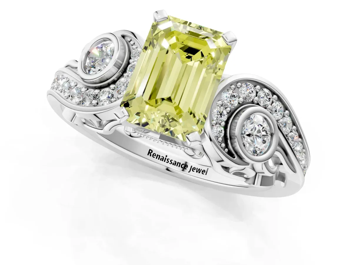 Fancy Yellow Emerald Cut Diamond Solitaire Ring with Milgrain Pavé Band and Four-Prong Setting Silver