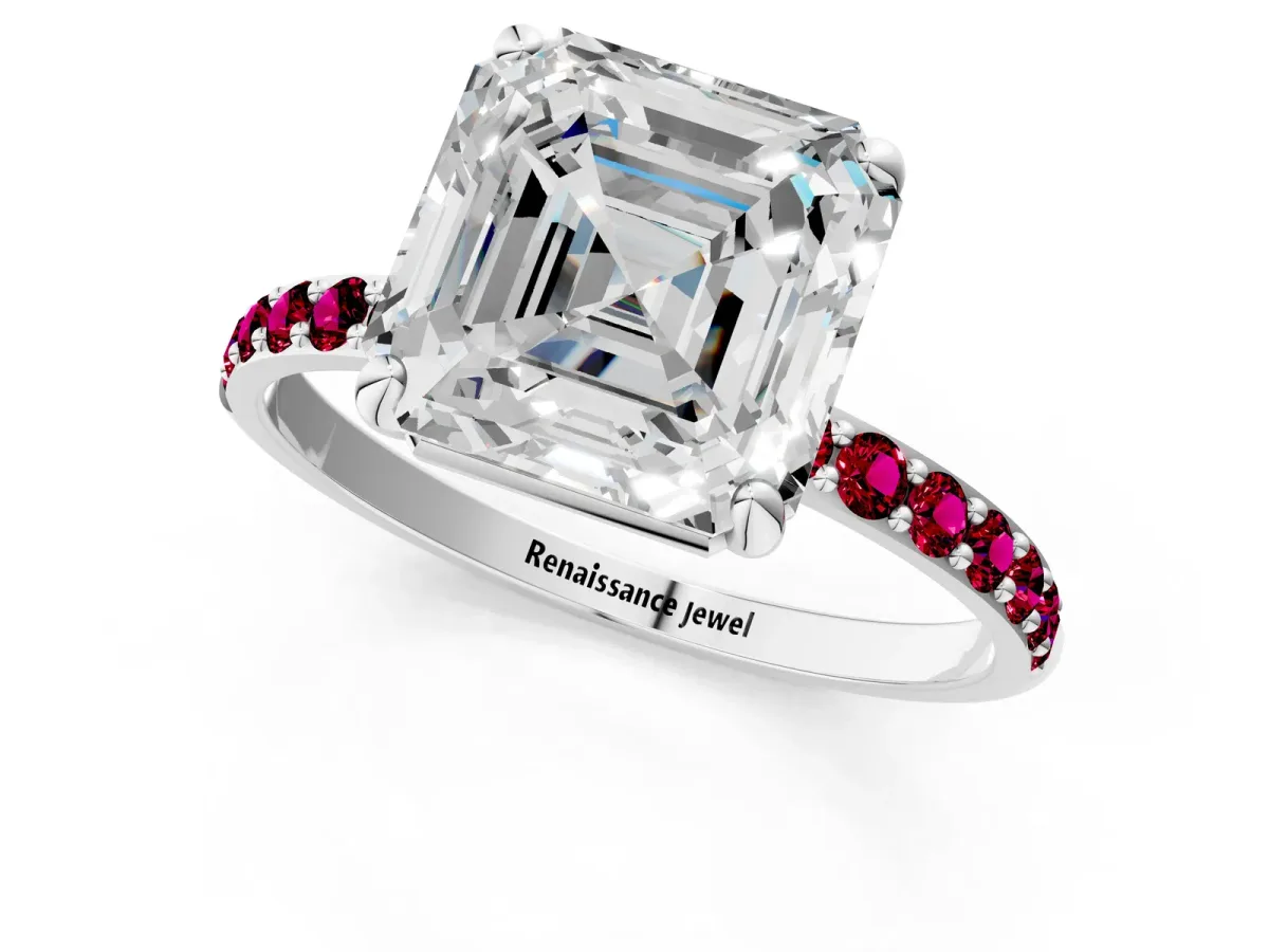 Asscher Cut Diamond Solitaire Ring with Round Garnet Pavé Band and Prong Setting Silver