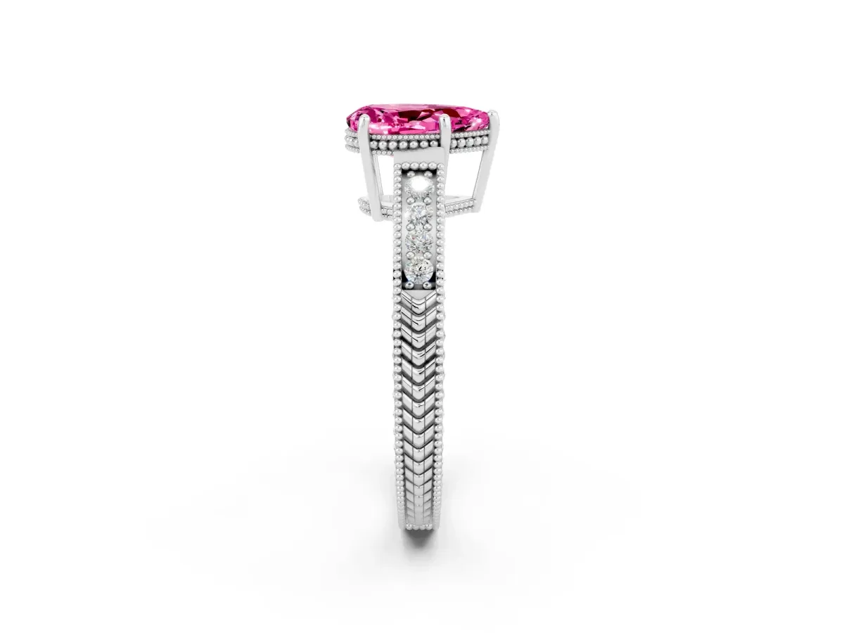Pear Cut Pink Sapphire Ring with Milgrain Pavé Band and Four-Prong Setting Platinum