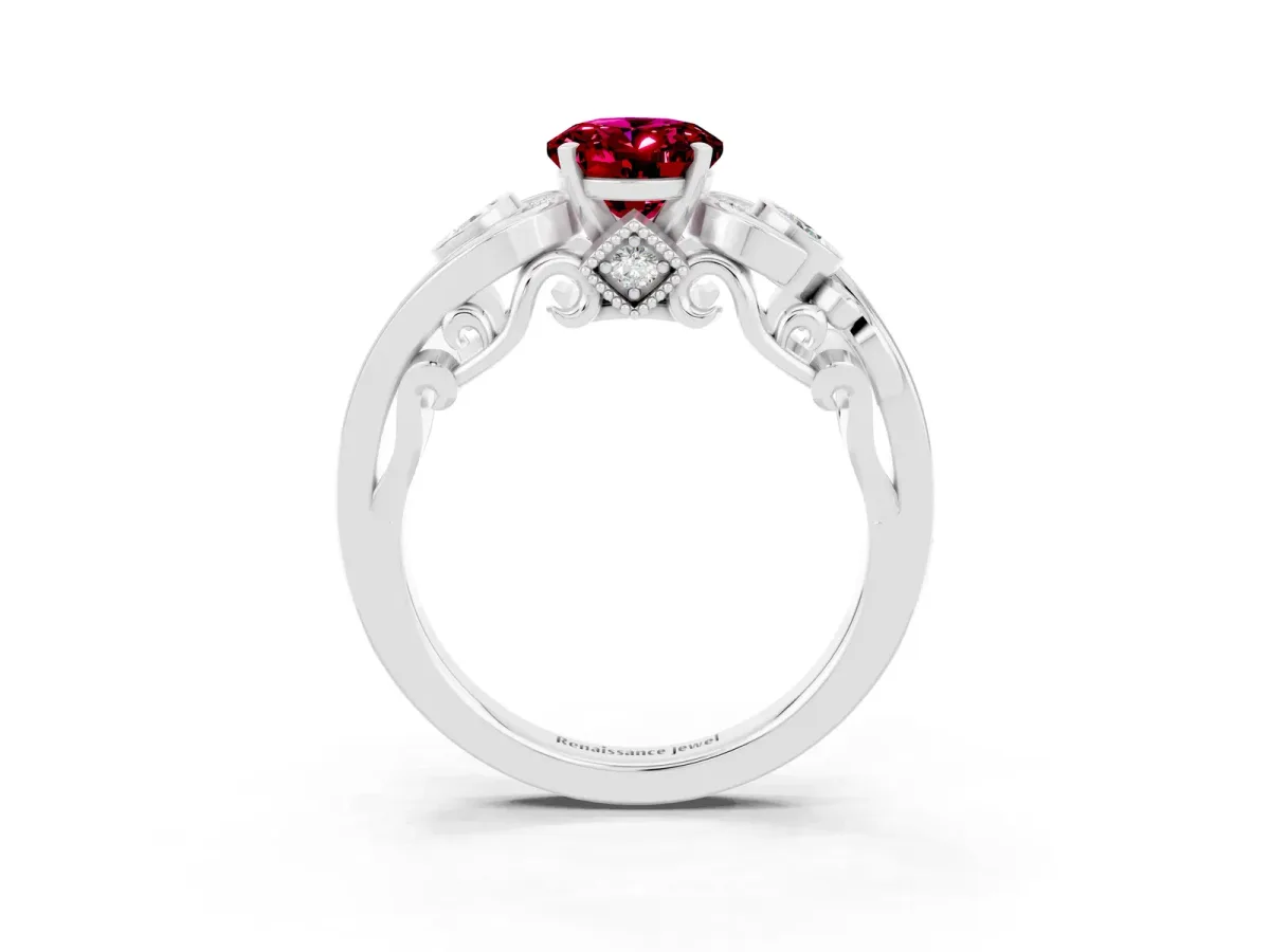 Oval Cut Garnet Solitaire Ring with Milgrain Pavé Band and Four-Prong Setting Silver