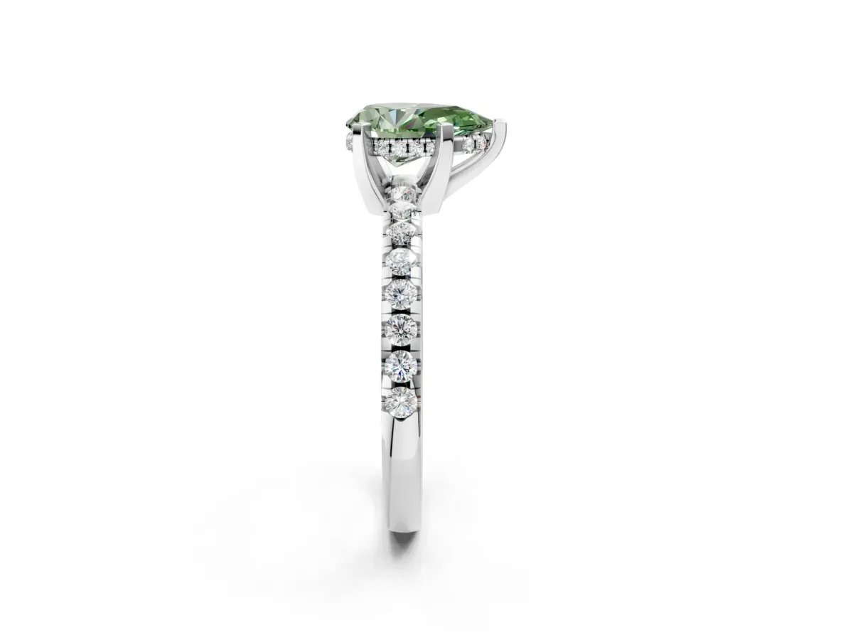 Fancy Green Pear Cut Diamond Solitaire Ring with Round Pavé Band and Four-Prong Setting Silver