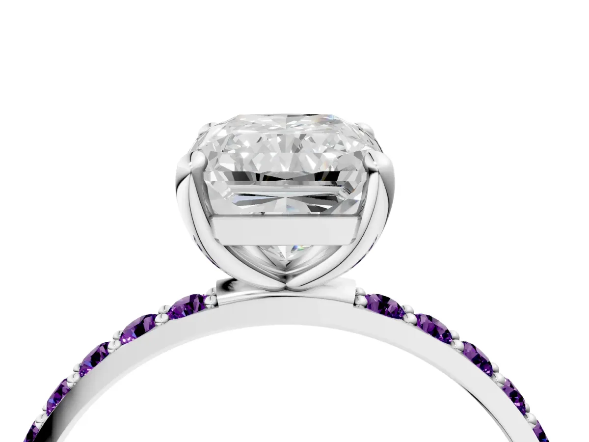 Radiant Cut Diamond Solitaire Ring with Round Amethyst Pavé Band and Prong Setting Silver