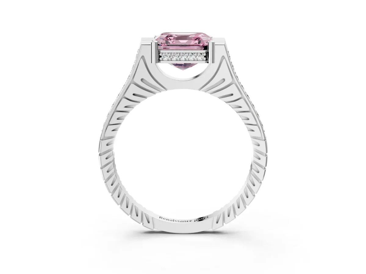 Fancy Pink Asscher Cut Solitaire Diamond Ring with Channel Set Band and Bezel Prong Setting Platinum