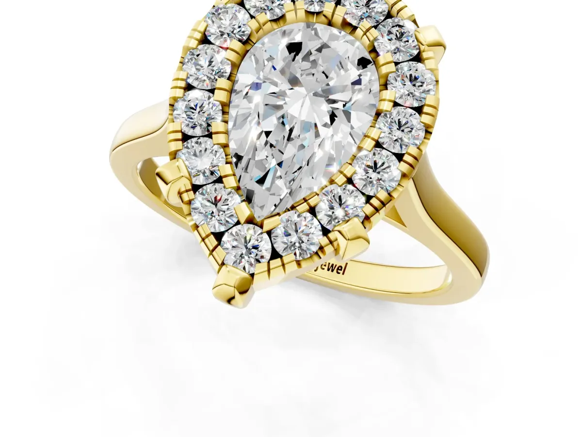 Pear Cut Diamond Cluster Halo Solitaire with Four-Prong Setting Yellow gold