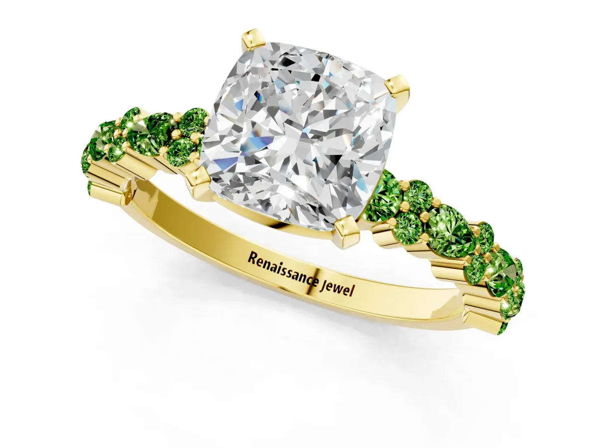 Cushion Cut Diamond Side Stone Solitaire Ring with Round Peridot and Four-Prong Setting Yellow gold