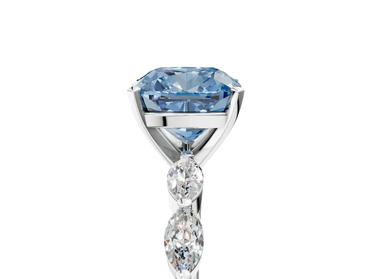 Fancy Blue Cushion Cut Diamond Ring with Marquise Side Stones and Prong Setting Platinum